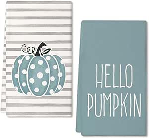 Fall Kitchen Dish Towels for Fall Decor Blue Hello Pumpkin Polka dot Stripes 18x26 Inch Autumn Thanksgiving Ultra Absorbent Bar Drying Cloth Vintage Tea Sign Hand Towel for Cooking Set of 2 AD090