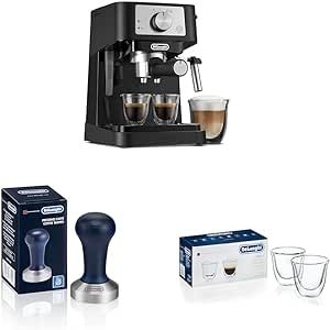 De'Longhi Stilosa Manual Espresso Machine, Latte & Cappuccino Maker & DLSC058 Coffee Tamper & DeLonghi Double Walled Thermo Espresso Glasses, Set of 2, Regular, Clear, 90 milliliters