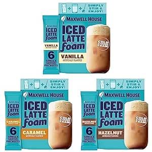 Maxwell House Iced Latte Single Serve Instant Coffee Beverage Mix Bundle (Six, 1oz. packets of each flavor; Vanilla, Hazelnut, & Caramel)