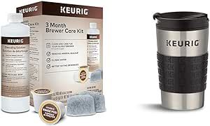Keurig 3-Month Brewer Maintenance Kit, 7 Count & Travel Mug Fits K-Cup Pod Coffee Maker, 1 Count (Pack of 1), Stainless Steel
