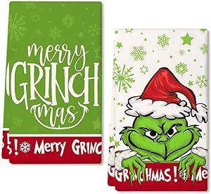 ARKENY Christmas Kitchen Towels Set of 2,Green Merry Grinchmas Snowflake Dish Towels 18x26 Inch,Hoilday Farmhouse Home Decoration AD110