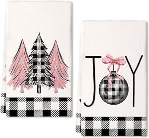 ARKENY Christmas Kitchen Towels Set of 2,Pink Xmas Tree Dish Towels 18x26 Inch Drying Dishcloth,Farmhouse Home Decoration AD129