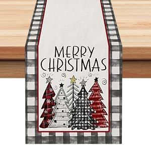 ARKENY Merry Christmas Table Runner 13x72 Inches,Red Tree Xmas Winter Seasonal Burlap Watercolor Buffalo Plaid Farmhouse Indoor Outdoor Kitchen Dining Table Holiday Decoration for Home Party AT483-72