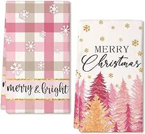 ARKENY Christmas Kitchen Towels Set of 2,Pink Buffalo Plaid Xmas Tree Dish Towels 18x26 Inch,Hoilday Farmhouse Home Decoration AD104