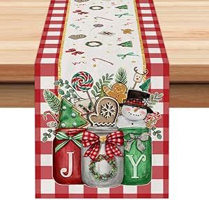 ARKENY Christmas Table Runner 13x72 Inches,Mason Jar Joy Gingerbread Snowman Tree Winter Seasonal Burlap Red Plaid Farmhouse Indoor Kitchen Dining Table Holiday Decoration for Home Party AT468-72