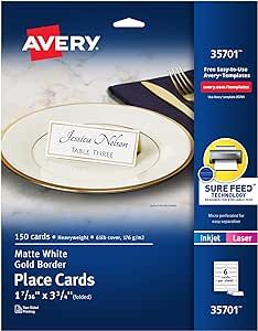 Avery® Printable Place Cards with Sure Feed Technology, 1-7/16" x 3-3/4", White with Gold Border, 150 Blank Place Cards
