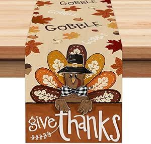 ARKENY Fall Thanksgiving Table Runner 13x60 Inches,Give Thanks Gobble Turkey Seasonal Burlap Farmhouse Indoor Outdoor Autumn Table Runner for Home AT497-60