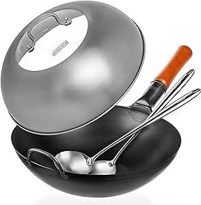 YOSUKATA Carbon Steel Wok Pan – 13,5 “ With Lid - Woks and Stir Fry Pans with Stainless Steel Set (Spatula + Ladle)- Chinese Wok with Flat Bottom Wok