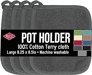 Ritz Terry Potholder & Hot Pad: Unparalleled Heat Resistant, Durable 100% Cotton – Ergonomically Designed for Optimal Grip – Easy-Care Machine Washable – Perfect for Your Kitchen – Graphite, 4-Pk