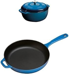 Lodge 6 Quart Enameled Cast Iron Dutch Oven with Lid and Dual Handles, Blue + Lodge Enameled Cast Iron Skillet, Caribbean Blue, 11-inch, Bundle